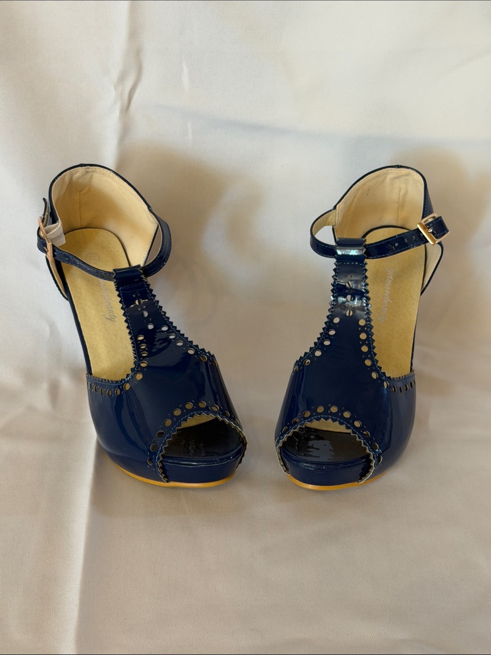 Women's Navy Patent T-Strap Peep-Toe Heels